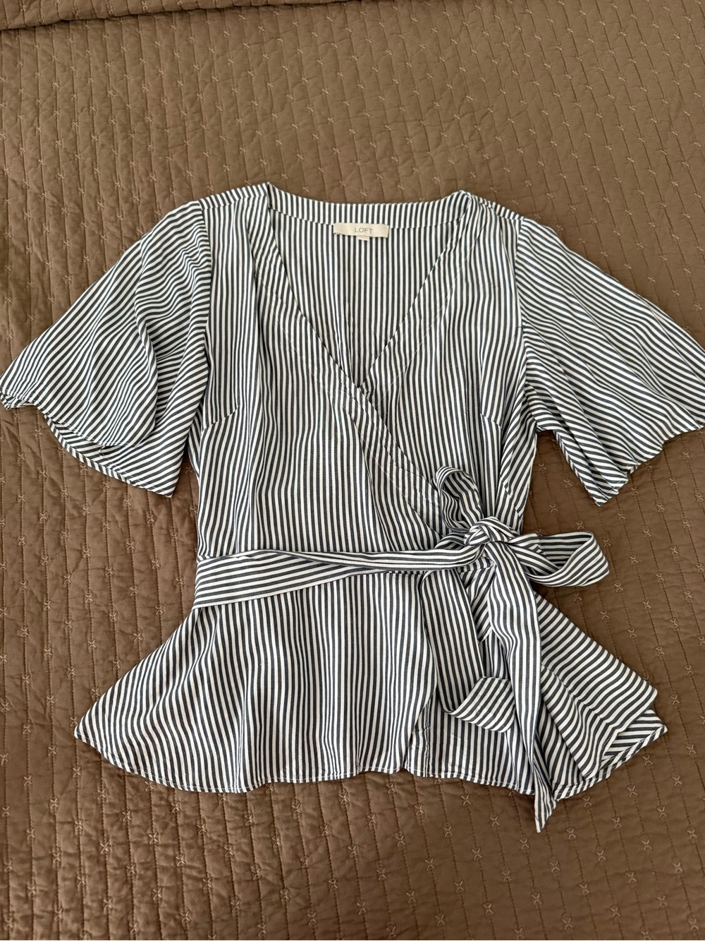 LOFT Navy and White Striped Wrap Peplum Top